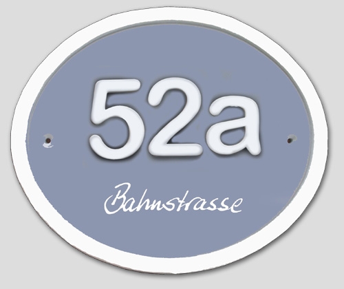 Keramik-Hausnummer bis 3-stellig und Strassenname - blaugrau